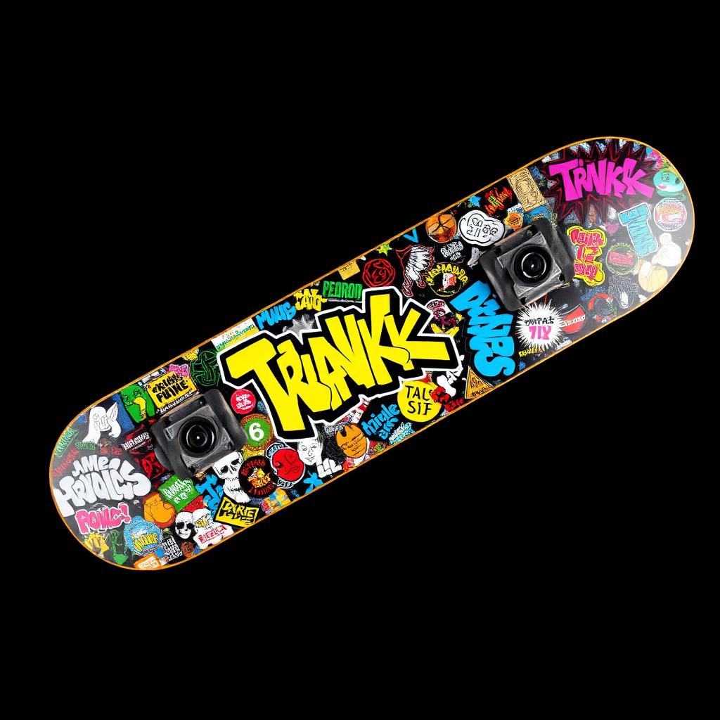 Skateboard covered in custom stickers